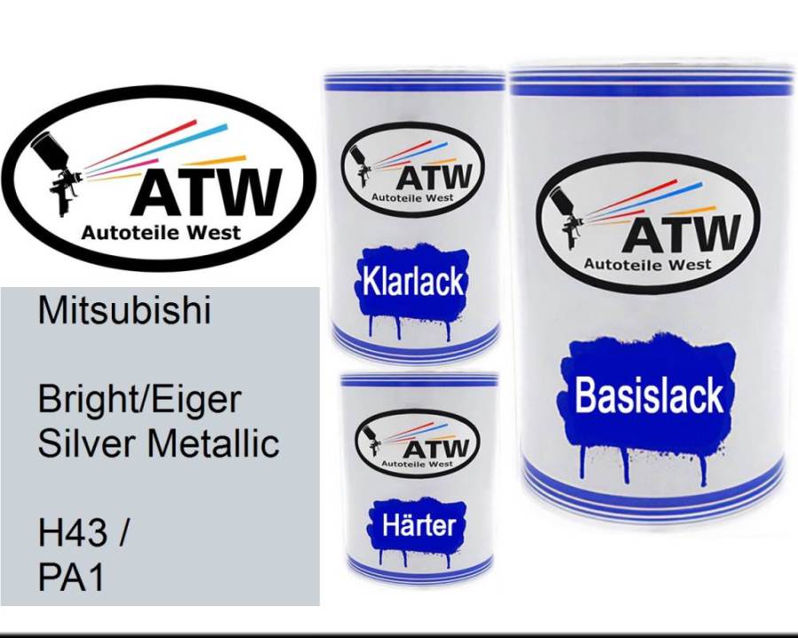 Mitsubishi, Bright/Eiger Silver Metallic, H43 / PA1: 500ml Lackdose + 500ml Klarlack + 250ml Härter - Set, von ATW Autoteile West.